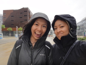 Amanda (left) and I on campus at WU, with our rain jackets